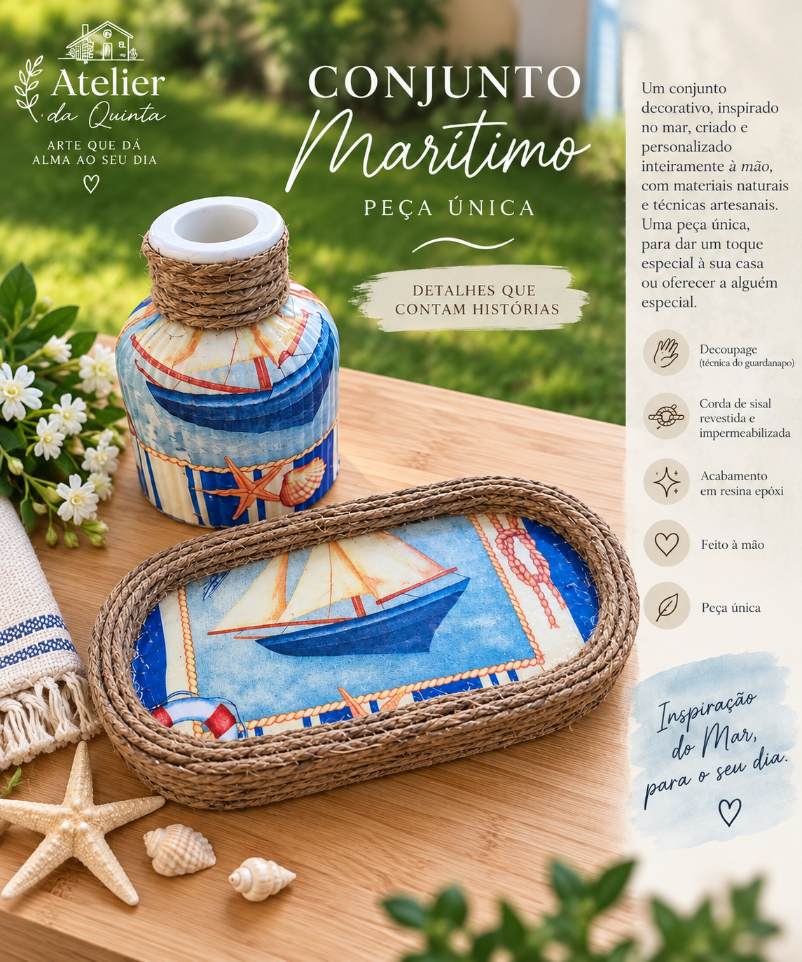 Conjunto Marítimo — Vaso + Tabuleiro | Peça Única